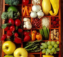 Fruits and vegetables in compartments by Garry Gay