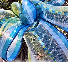Blue & Silver Christmas Bow w/ Gold Mesh Garland, White Feathers & Xmas Lights ~ Classy New Year Holiday Scene by Chantal PhotoPix