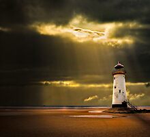 talacre lighthouse with sunbeams by meirionmatthias