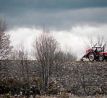 A Red Farm Vehicle on Wastelands, Hokkaido, Japan by holawholaw
