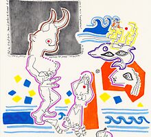 Night Drawings - Les Dessins de Nuit n°31 - The Minotaur and Snake Goddess giving birth to the Rubber-Man by Pascale Baud