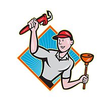 Plumber With Monkey Wrench And Plunger Cartoon by patrimonio