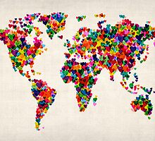 Love Hearts Map of the World Map by Michael Tompsett