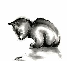 Funny cute little black cat and beetle Japanese sumi-e original ink painting art print by Mariusz Szmerdt