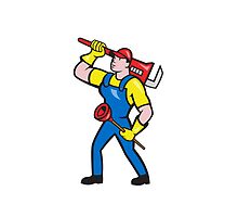 Plumber Carrying Wrench Plunger Cartoon by patrimonio