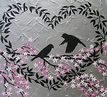 Romantic birds with sakura and heart blossom by cathyjacobs