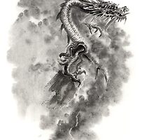Water Wind dragon dragons sumi-e ink painting chinese zodiac five elements fantasy world art by Mariusz Szmerdt