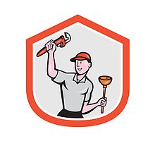 Plumber Wielding Wrench Plunger Cartoon by patrimonio