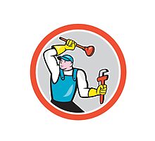 Plumber Holding Wrench Plunger Cartoon by patrimonio