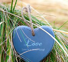 blue wooden love heart on beach by morrbyte