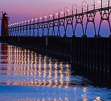 South Haven Lighthouse after Sundown with Reflections by Kenneth Keifer