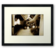 Bride and groom holding hands sepia toned black and white silver gelatin 35mm film analog wedding photograph Framed Print