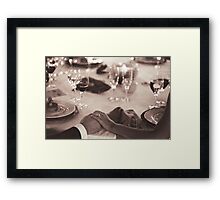 Bride and groom holding hands in marriage banquet black and white film silver gelatin fine art analog wedding photo Framed Print