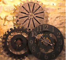 Metal Clocks on Stone Wall by aurielaki