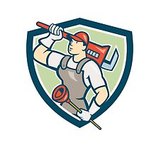 Plumber Holding Wrench Plunger Shield Cartoon by patrimonio