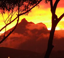 Mt Warning at fiery sunset by Cathie Sherwood