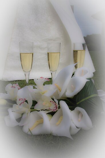 3 Champagne glasses and Wedding Dress by Rachel Wyllie