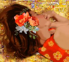 Girl on Yellow Quilt by F.A. Moore