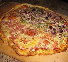 Delicious pizza with onion olive broccoli by bluegorilla