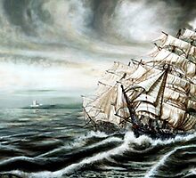 Tea Clippers full sail raceing off the china sea by james thomas richardson